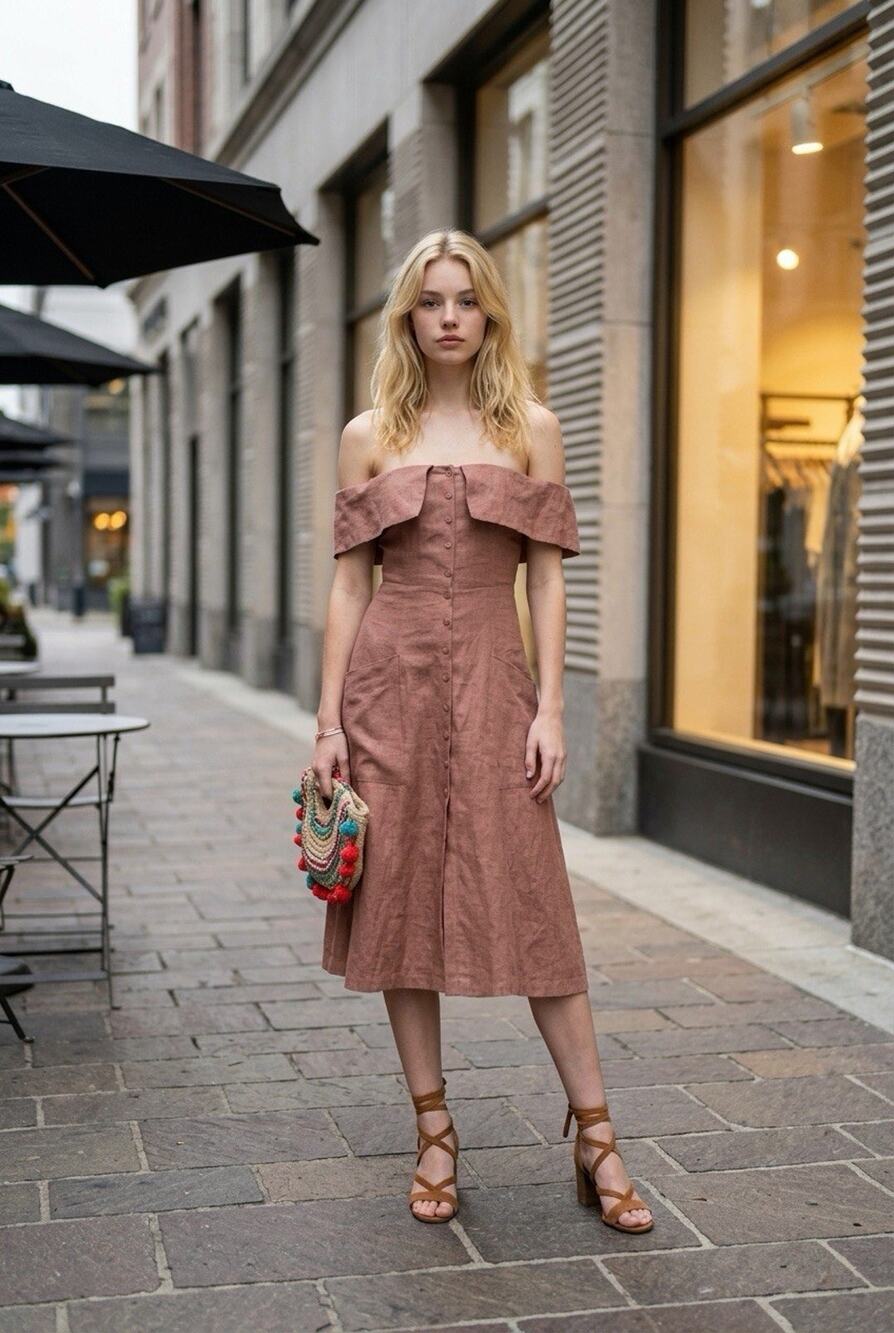 Reformation Size 6 Mariana Dress Linen Shoulder Midi Dress Rust Brown Button Up